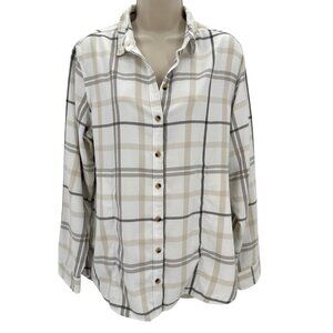 Jachs Girlfriend Womens Cream Plaid Button-Down Shirt Size M Rayon/Polyester